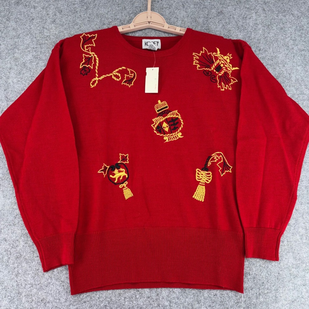 Vintage Koret Red Wool Blend Crest Embroidered Sweater NWT Small